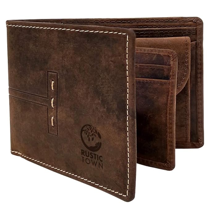 RUSTIC TOWN Mens Wallets - Full Grain Leather RFID Wallet for Men with ID Window, Card Slots and Coin Pocket (Large, Dark Brown)